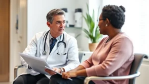Professional healthcare setting with doctor discussing medical options with patient, both seated, engaged in serious conversation, natural lighting, modern clinic environment, no visible documents or text