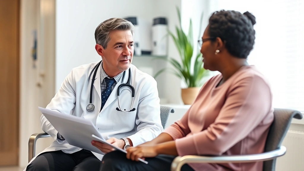 Professional healthcare setting with doctor discussing medical options with patient, both seated, engaged in serious conversation, natural lighting, modern clinic environment, no visible documents or text