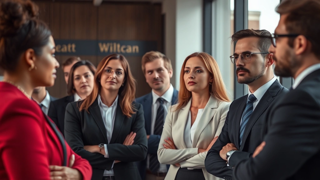 Diverse group of people in professional attire in modern office or legal setting, appearing thoughtful and engaged in discussion, natural lighting, contemporary workspace, no visible signage or text