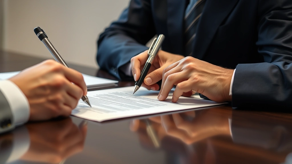 Close-up of person signing document at desk with another professional present, focused on the interaction and consent process, neutral background, professional atmosphere, no visible document text