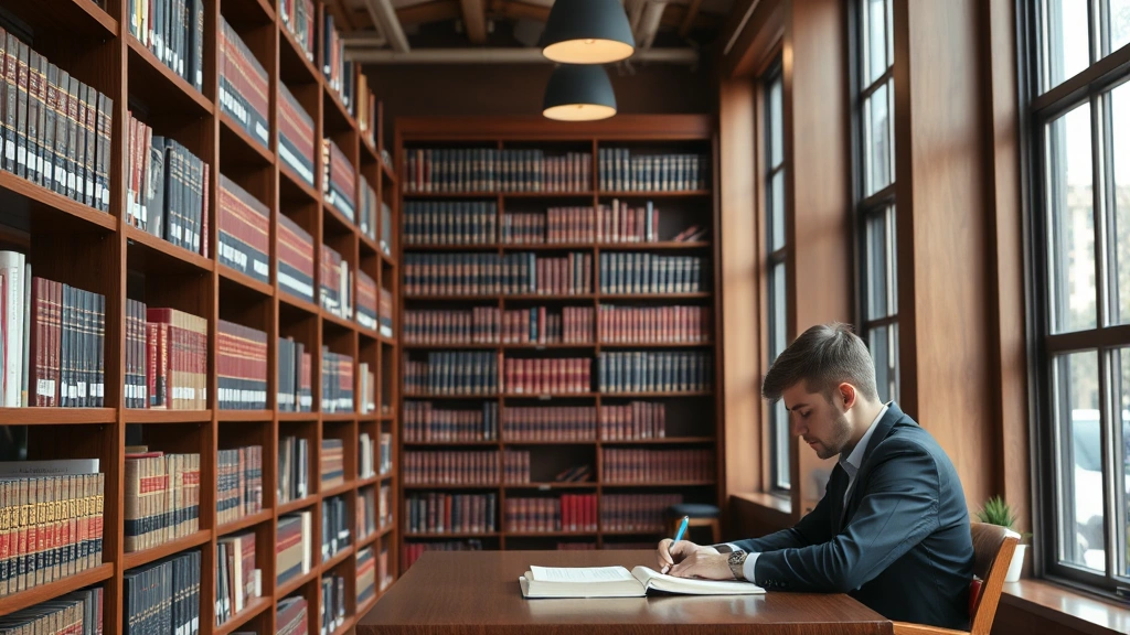 Professional law library interior with wooden shelves, leather-bound law books, and a student studying at a desk with natural lighting from large windows