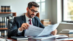 Professional lawyer in business attire reviewing automotive documents at desk with law books visible, natural office lighting, confident expression