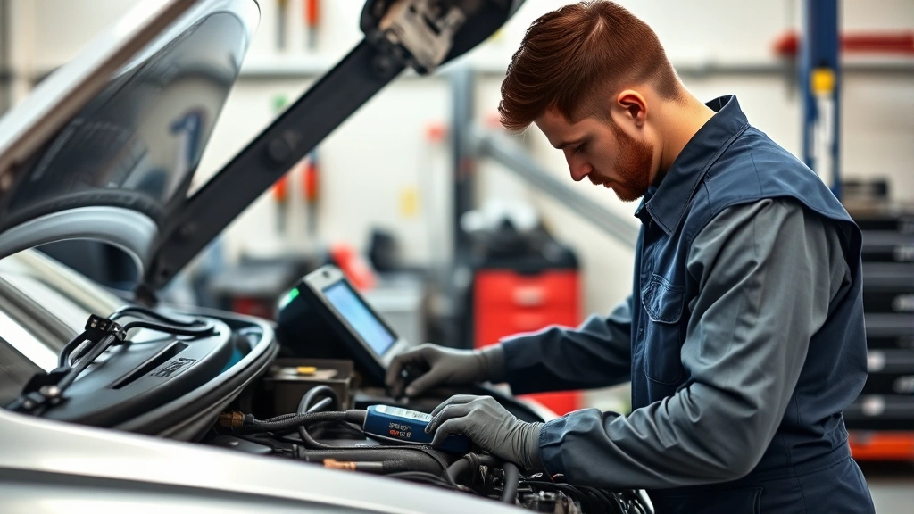 Mechanic in work uniform examining car engine with diagnostic equipment, tools organized on workbench, focused concentration on mechanical inspection