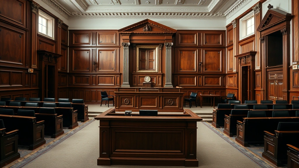 Courtroom interior with judge's bench, wooden furniture, professional legal setting, empty gallery seating, classical architectural details, morning light through windows