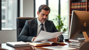 Professional lawyer in business suit reviewing legal documents at desk in modern law office with law books and computer visible, natural lighting, serious focused expression