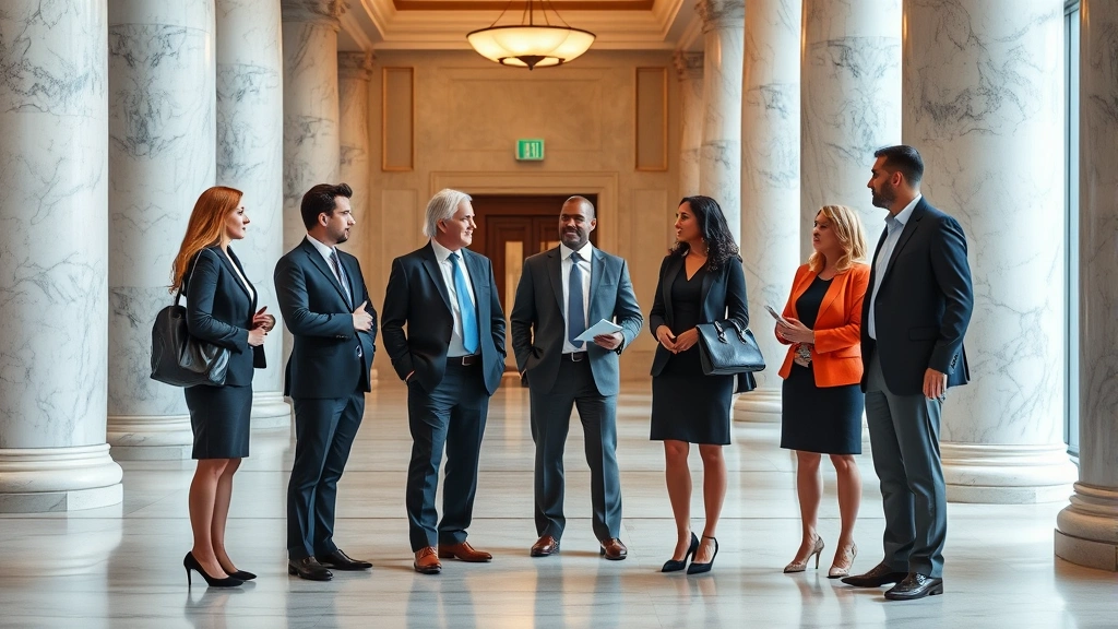 Diverse group of lawyers in professional attire having discussion in modern courthouse hallway with marble columns and professional atmosphere