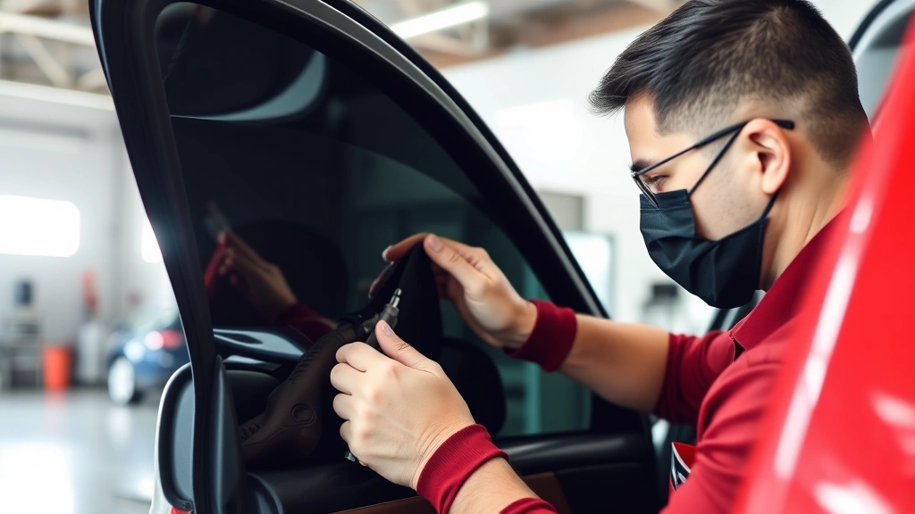 Professional auto tinting technician carefully applying dark window film to vehicle side window in bright automotive shop with natural lighting, using precision tools