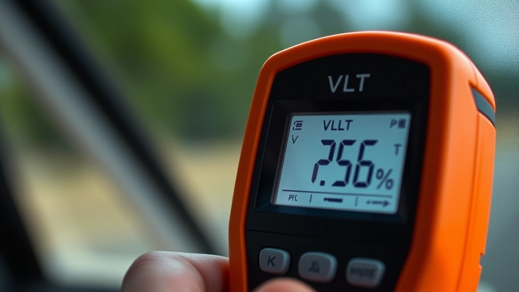 Closeup of light meter device measuring visible light transmittance through vehicle window tint, showing numerical VLT percentage reading on digital screen