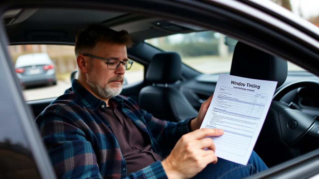 Vehicle owner reviewing window tinting compliance documentation and receipt from professional tinting service, sitting in car examining papers
