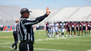 Professional referee in black uniform making hand signal on football field with players in background, clear daylight stadium setting, authoritative position