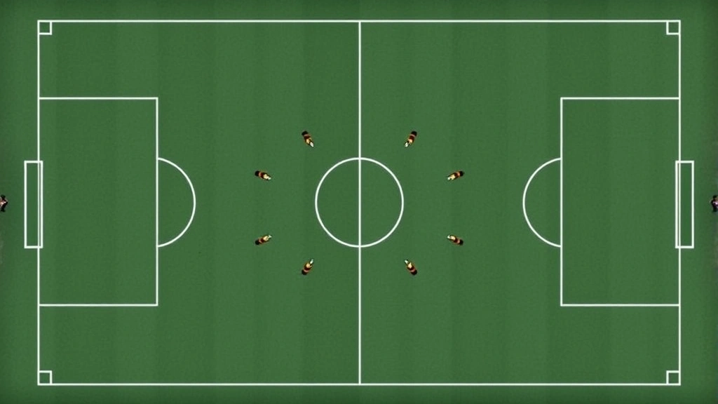 Tactical football field diagram showing player positioning with formation lines, no text visible, strategic overhead perspective, professional sports analysis visualization