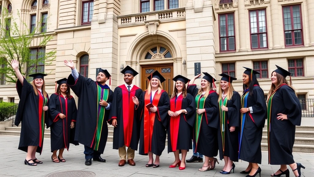 Diverse group of law school graduates in academic robes celebrating outside historic law school building in urban setting