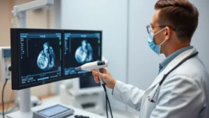 Professional cardiologist in white coat using ultrasound probe to examine patient's heart during echocardiography in modern hospital cardiology department