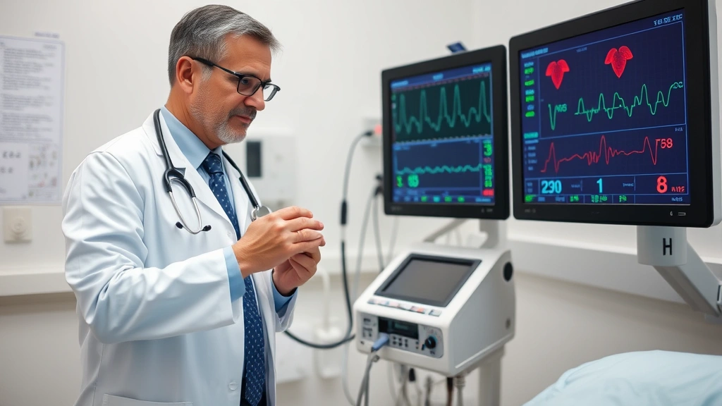 Professional cardiologist examining patient heart function with advanced monitoring equipment in clinical setting, checking vital signs