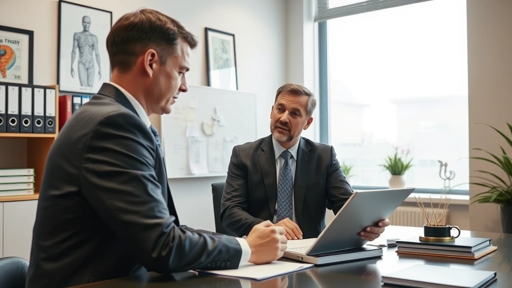 Medical legal consultation with attorney reviewing cardiac case documents and patient medical records in professional office