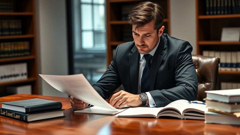 Professional male attorney in dark suit reviewing legal documents at mahogany desk with law books, serious focused expression, modern law office background with soft lighting