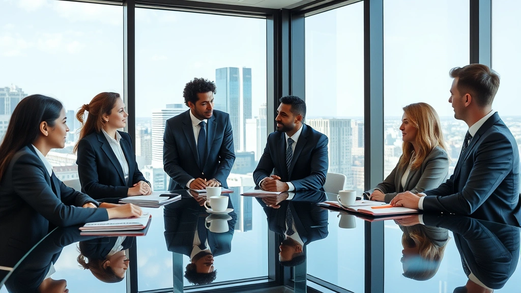 Diverse team of lawyers in business attire having collaborative meeting around glass conference table with notebooks and coffee cups, professional office setting with city skyline visible through windows