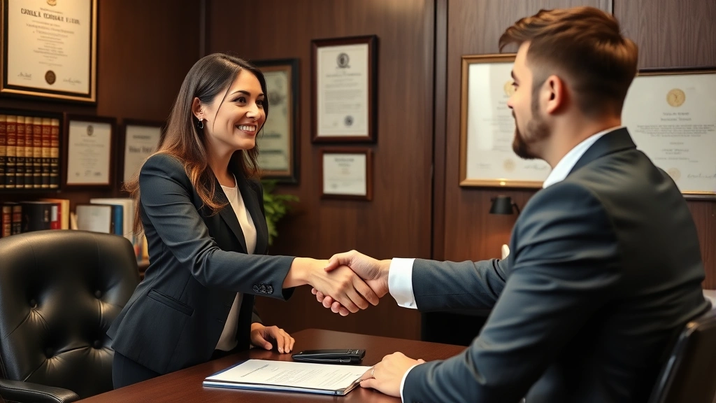 Female attorney in professional business suit shaking hands with male client across desk, warm professional atmosphere, office environment with legal certificates and diplomas on walls