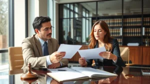 Professional legal consultation setting with attorney and client reviewing documents at office desk, serious professional atmosphere, natural lighting, modern law office interior