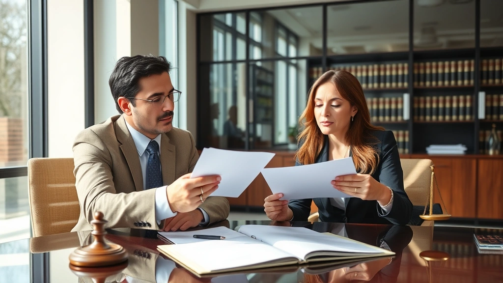 Professional legal consultation setting with attorney and client reviewing documents at office desk, serious professional atmosphere, natural lighting, modern law office interior