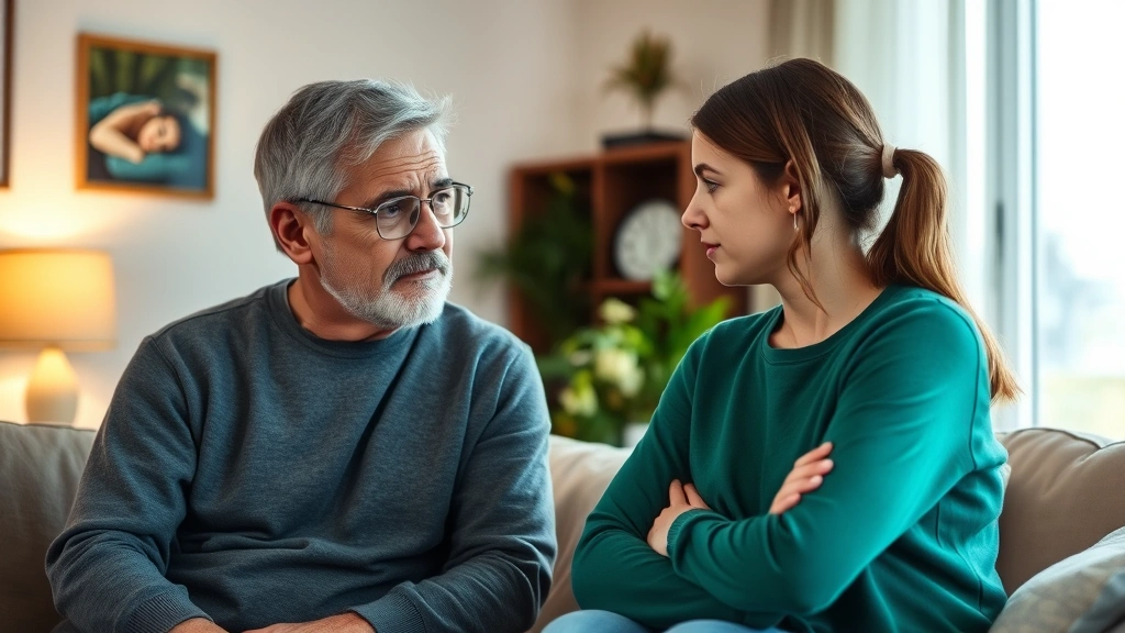 Concerned parent having conversation with teenage child in home setting, serious discussion moment, warm home environment, authentic family interaction