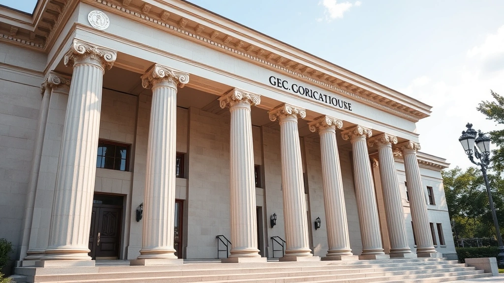 Georgia courthouse exterior with columns and legal seal visible, professional government building architecture, daytime photography, classical courthouse design