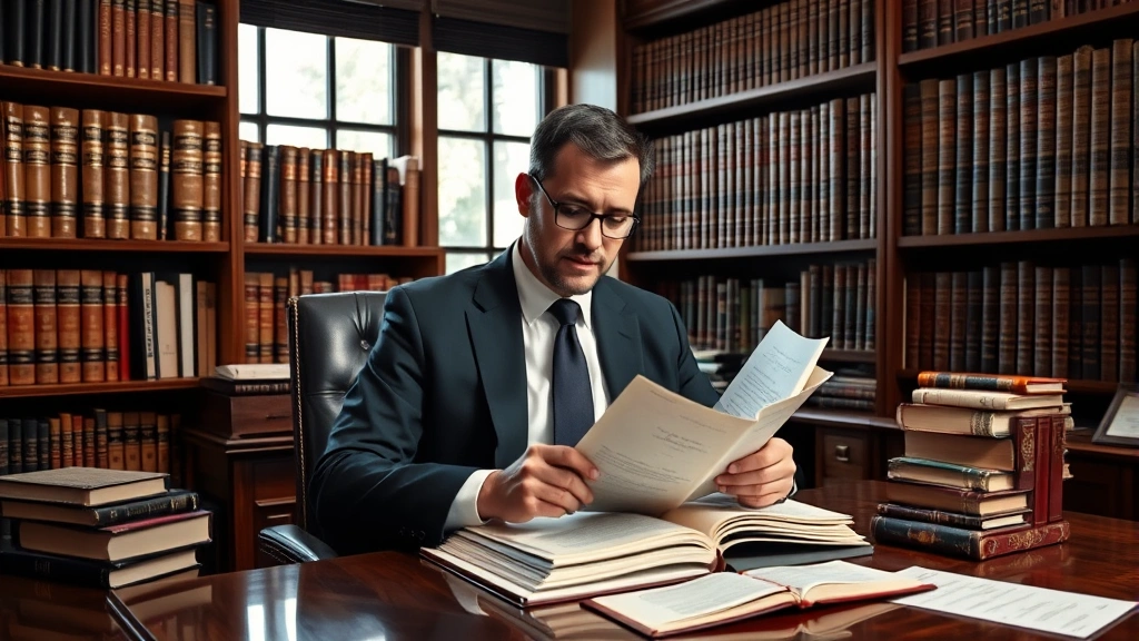 Professional male legal scholar in his office surrounded by law books and constitutional documents, wearing formal business attire, examining legal manuscripts at wooden desk with natural lighting from window
