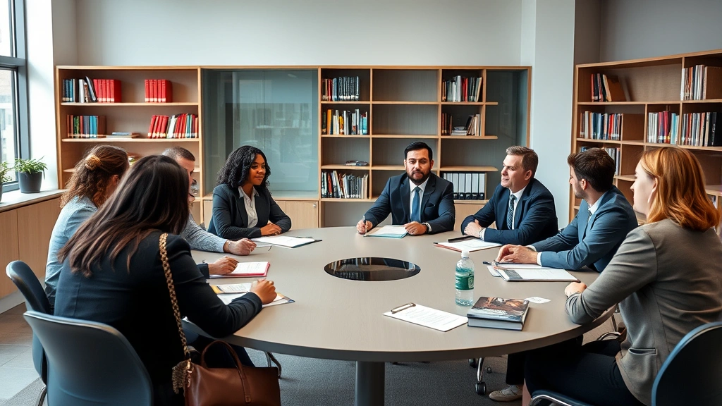 Modern law school classroom with diverse students engaged in legal discussion around seminar table, with law professor facilitating debate, bookshelves and educational materials visible in background
