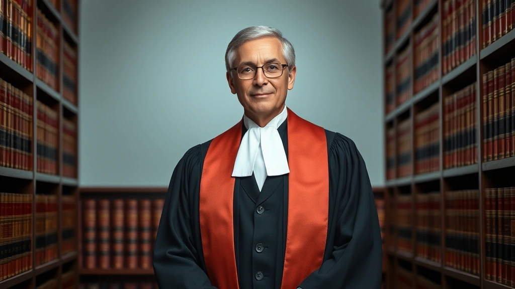 Formal portrait of distinguished legal professional in judicial or academic regalia, standing in law library with leather-bound legal volumes, representing institutional leadership and legal scholarship