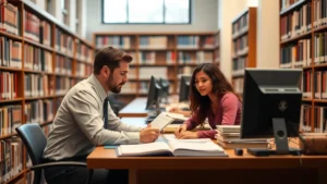 Professional law librarian assisting a focused student researcher at a library desk surrounded by legal reference materials and computer terminals, warm lighting, Georgetown-style academic environment