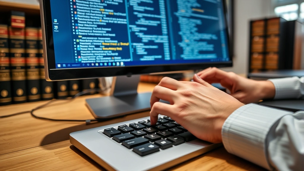 Close-up of researcher hands on keyboard accessing digital legal database on modern computer monitor, law books visible in background, professional legal workspace