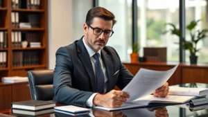 Professional lawyer in business suit reviewing vehicle warranty documents and paperwork at desk, confident expression, modern law office setting with legal books visible