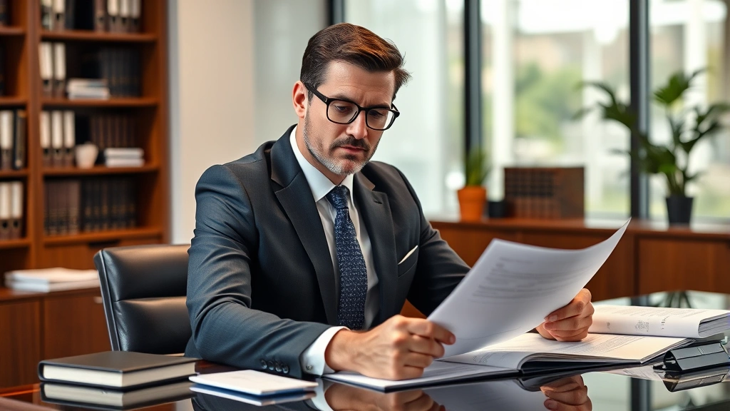 Professional lawyer in business suit reviewing vehicle warranty documents and paperwork at desk, confident expression, modern law office setting with legal books visible
