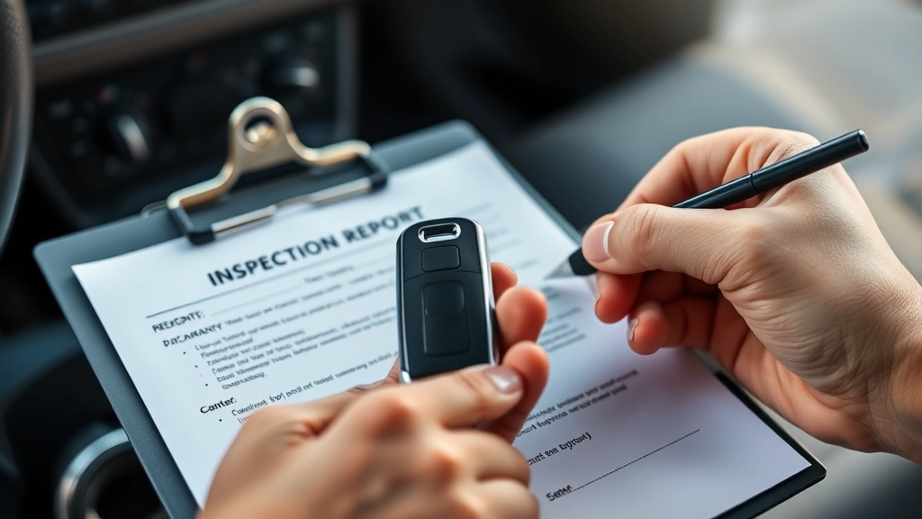 Close-up of hands holding car keys with vehicle inspection report and warranty documentation on clipboard, natural lighting, professional automotive legal context