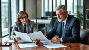 Professional bankruptcy attorney in modern office reviewing financial documents with client at conference table, serious focused expressions, natural lighting, contemporary business setting