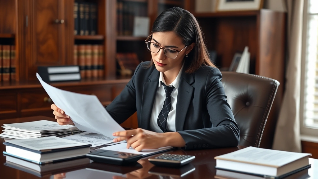 Professional female attorney in business attire reviewing financial documents at a mahogany desk, with law books and a calculator visible, natural office lighting, serious focused expression