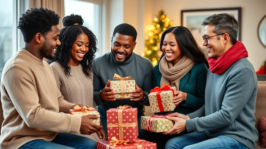 Diverse multi-generational family members exchanging wrapped gifts during holiday celebration in modern living room, warm natural lighting, genuine smiling expressions, elegant home decor