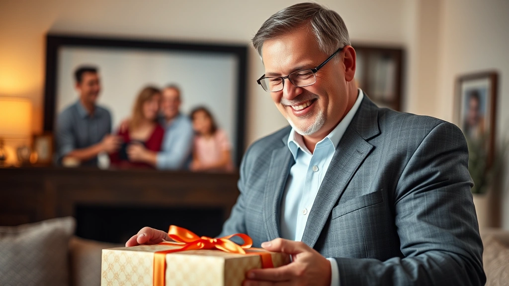 Professional middle-aged man in business attire opening a wrapped gift box at home, genuine smile, warm indoor lighting, family portrait visible in background, celebrating a special occasion