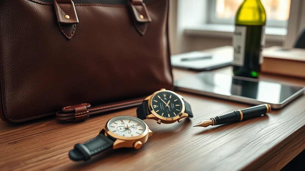 Close-up of luxury gift items arranged on wooden table: leather briefcase, premium watch, quality fountain pen, wine bottle, professional workspace setting with soft natural light