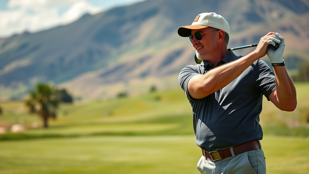 Father-in-law enjoying outdoor experience: golfing on sunny day, wearing casual athletic wear, beautiful golf course landscape, genuine happiness and relaxation, action shot of swing
