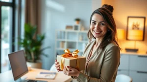 Professional woman in modern home office receiving an elegantly wrapped gift box, warm lighting, genuine smile, contemporary home decor visible, natural window light, professional photography style