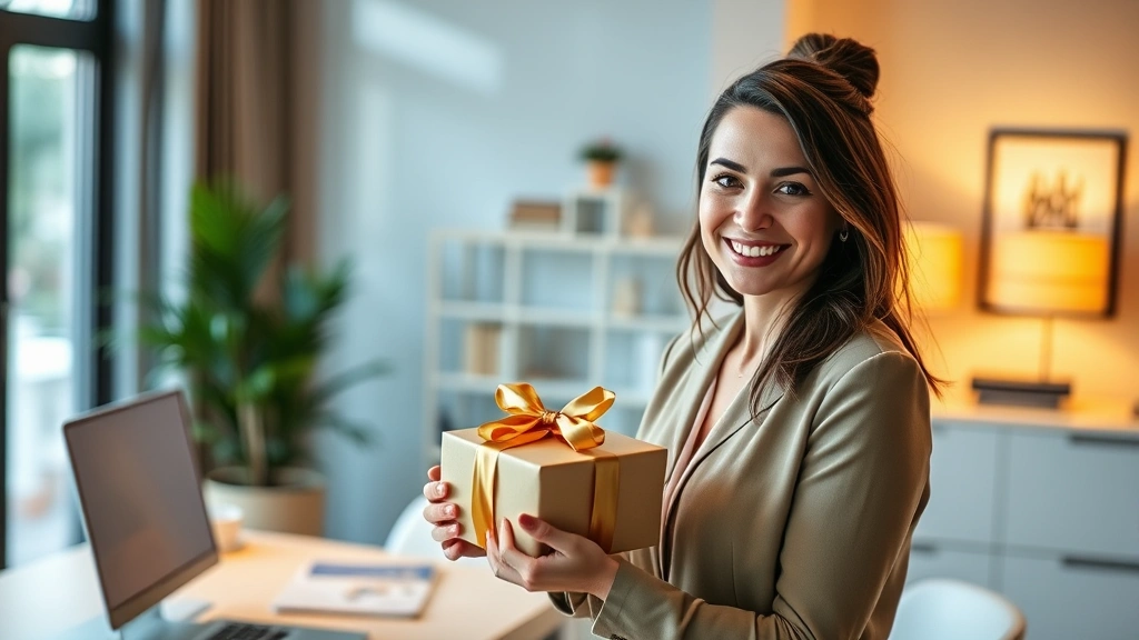 Professional woman in modern home office receiving an elegantly wrapped gift box, warm lighting, genuine smile, contemporary home decor visible, natural window light, professional photography style
