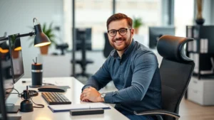 Professional man in casual business attire sitting at modern desk with various tech gadgets and accessories, warm office lighting, confident expression, clean workspace background
