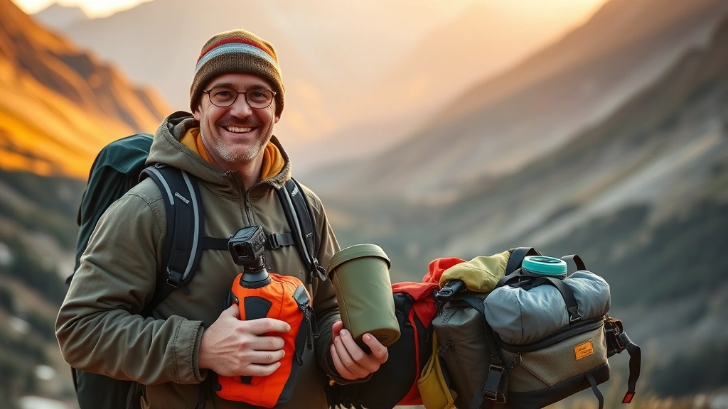 Outdoor enthusiast in athletic wear holding premium camping gear and sports equipment, natural mountain scenery, golden hour lighting, genuine smile, active lifestyle aesthetic