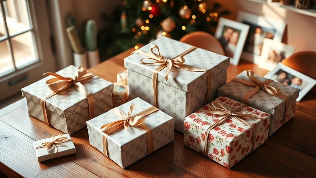 Thoughtfully wrapped gifts with elegant wrapping paper and ribbons arranged on wooden table, soft natural lighting, family photos and greeting cards nearby, warm intimate setting