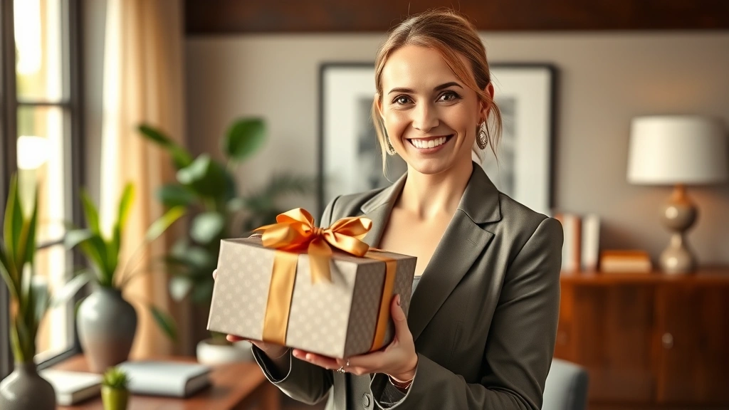 Professional woman in business attire receiving a wrapped luxury gift box in elegant home office setting, warm lighting, genuine smile, sophisticated background with books and plants