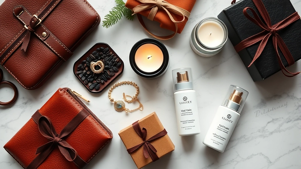 Overhead flat lay of curated gift selection including leather accessories, luxury candle, jewelry, and premium skincare products arranged artfully on white marble surface