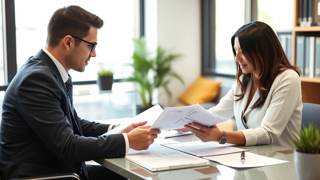 Professional tax attorney in modern office reviewing financial documents with client, natural lighting, focused consultation setting