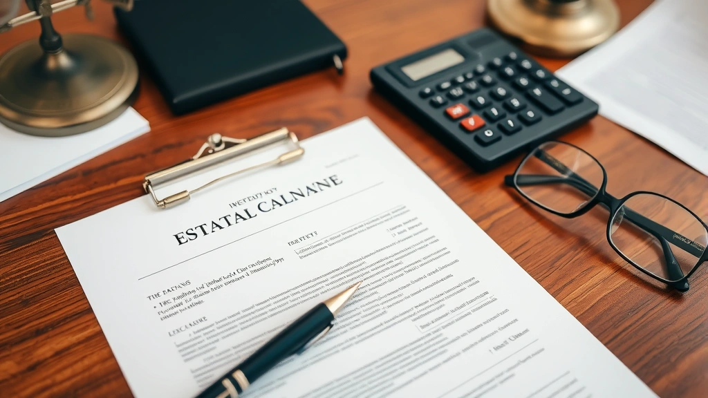 Close-up of signed legal documents and calculator on mahogany desk, professional estate planning paperwork with glasses nearby