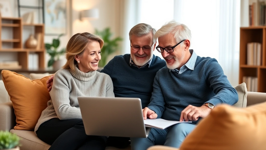 Mature professional couple in living room discussing financial planning with laptop, comfortable home setting, warm lighting, planning conversation